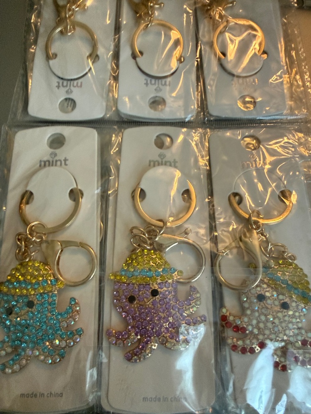 12 Pack Mint Rhinestone Octopus Keychains Set in Gold Tone